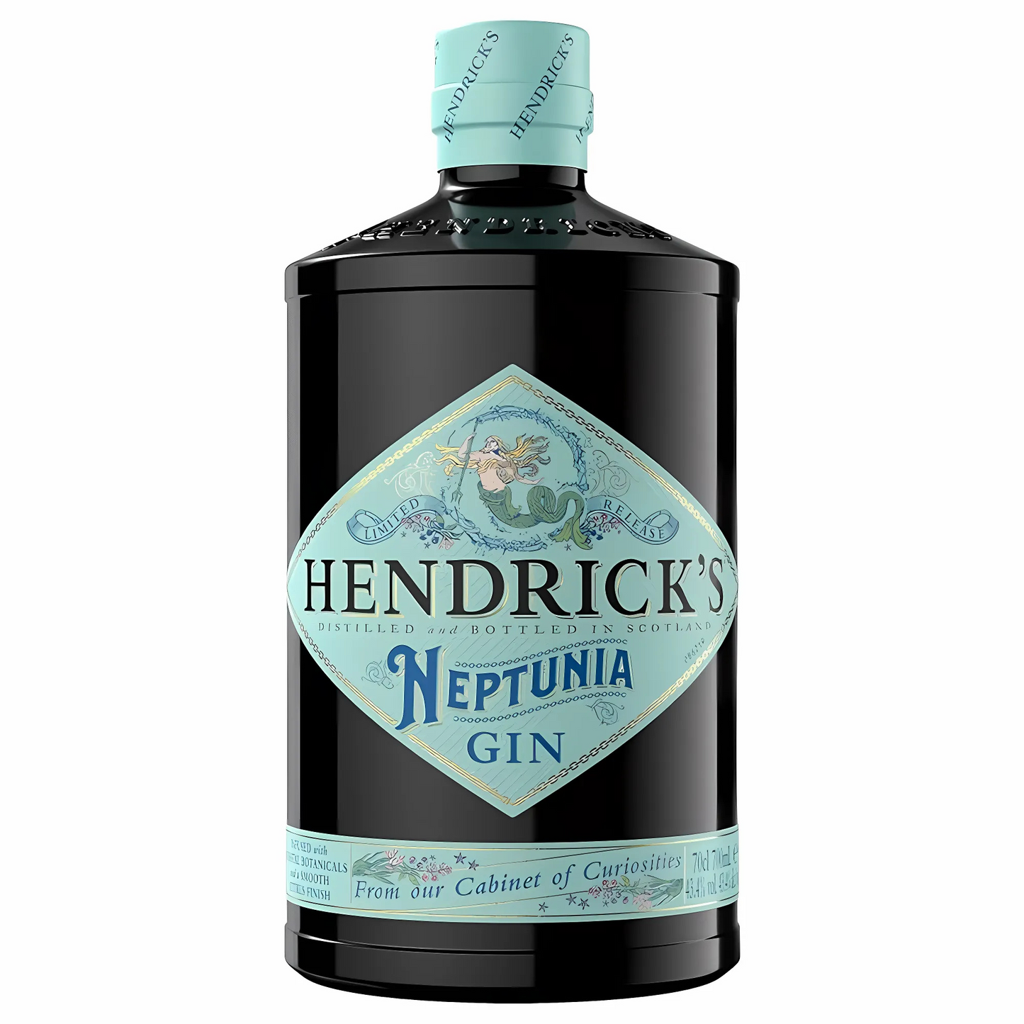 Garrafa do Gin Neptunia Hendrick's 750ml, Edição Limitada, com rótulo azul/marinho.