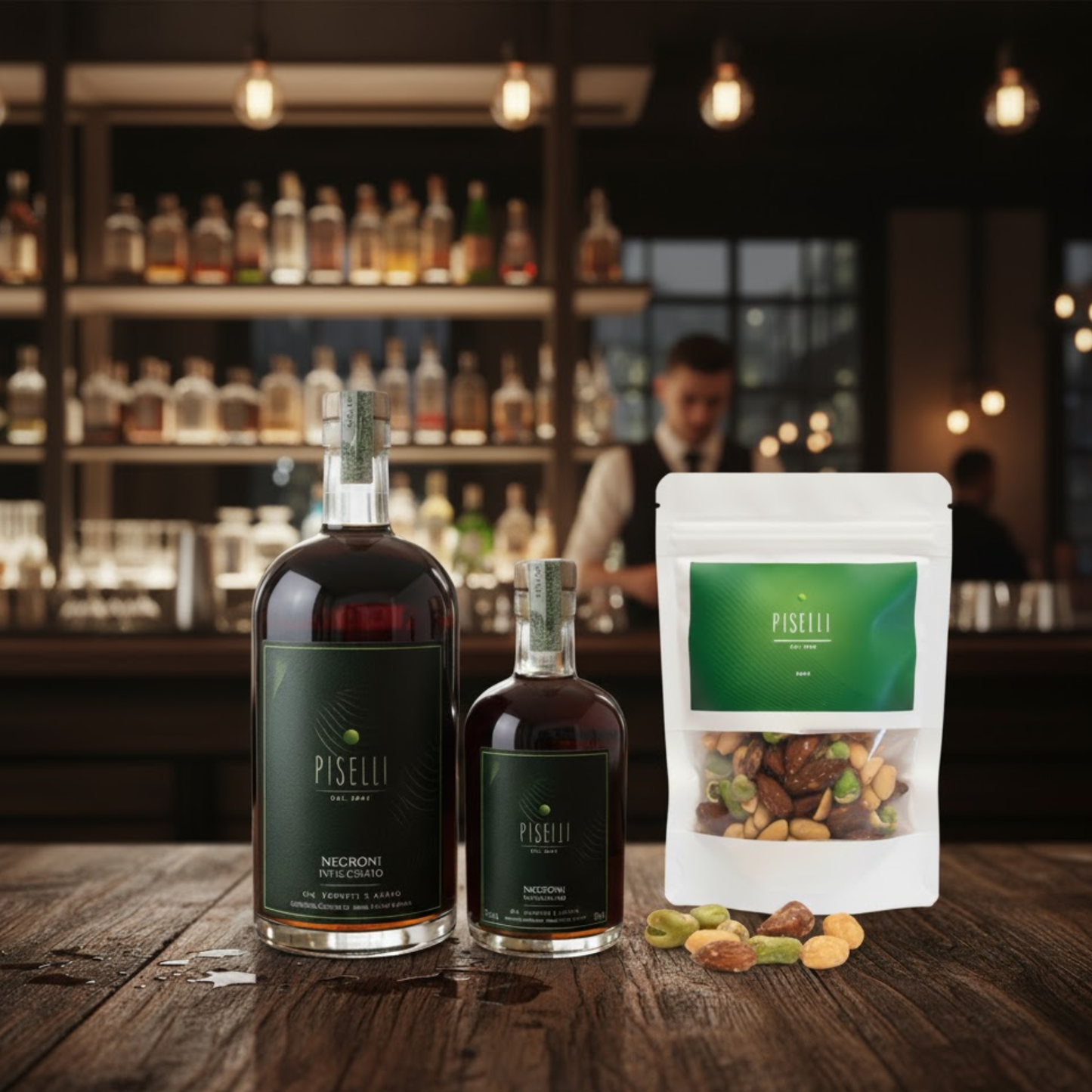 Kit Negroni Invecchiato Piselli: Negroni Invecchiato (750ml), Negroni Invecciato (350ml), Nuts e brinde Livro de Gastronomia Italiana