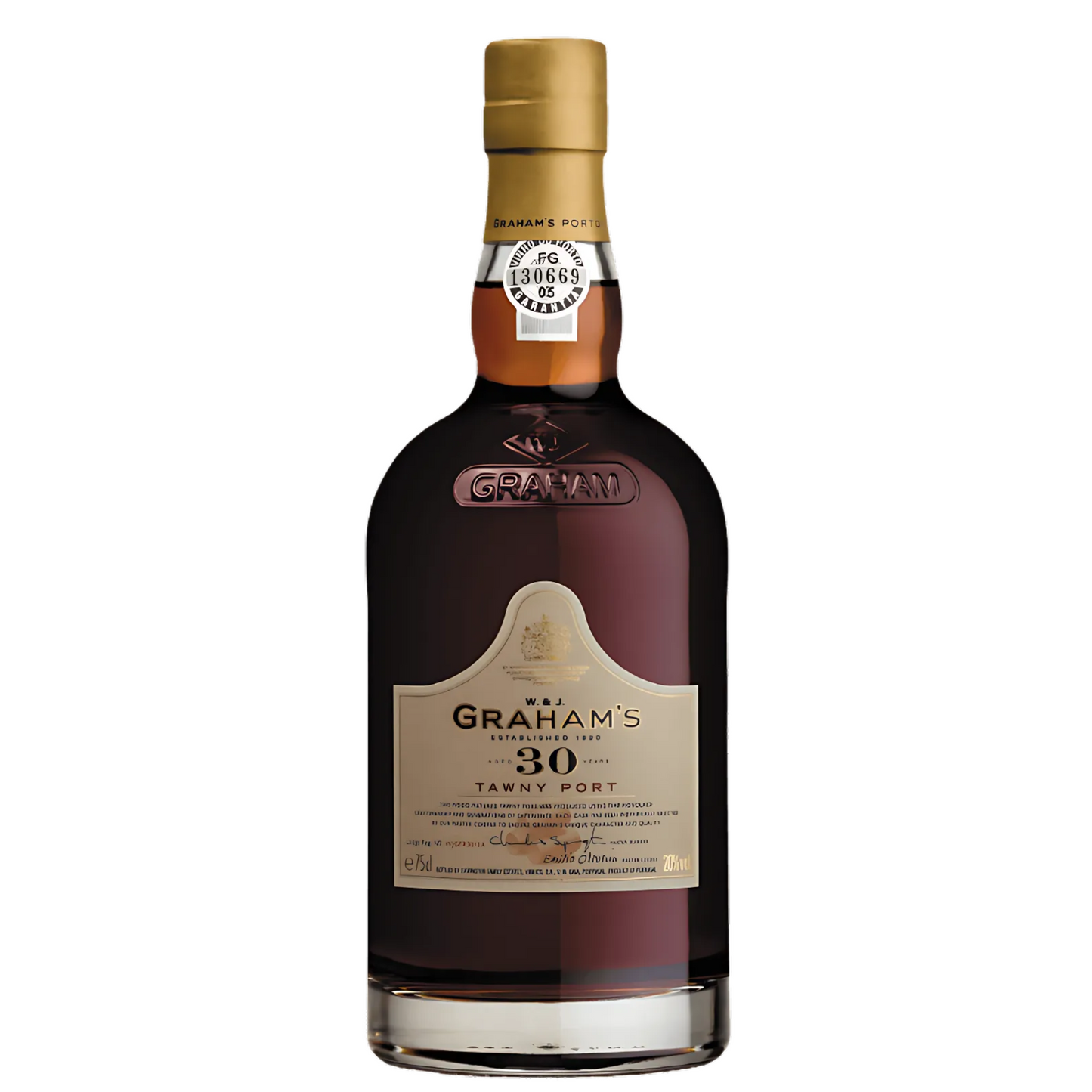 Garrafa de Vinho do Porto Graham's 30 Years Old Tawny 750ml, com rótulo dourado.
