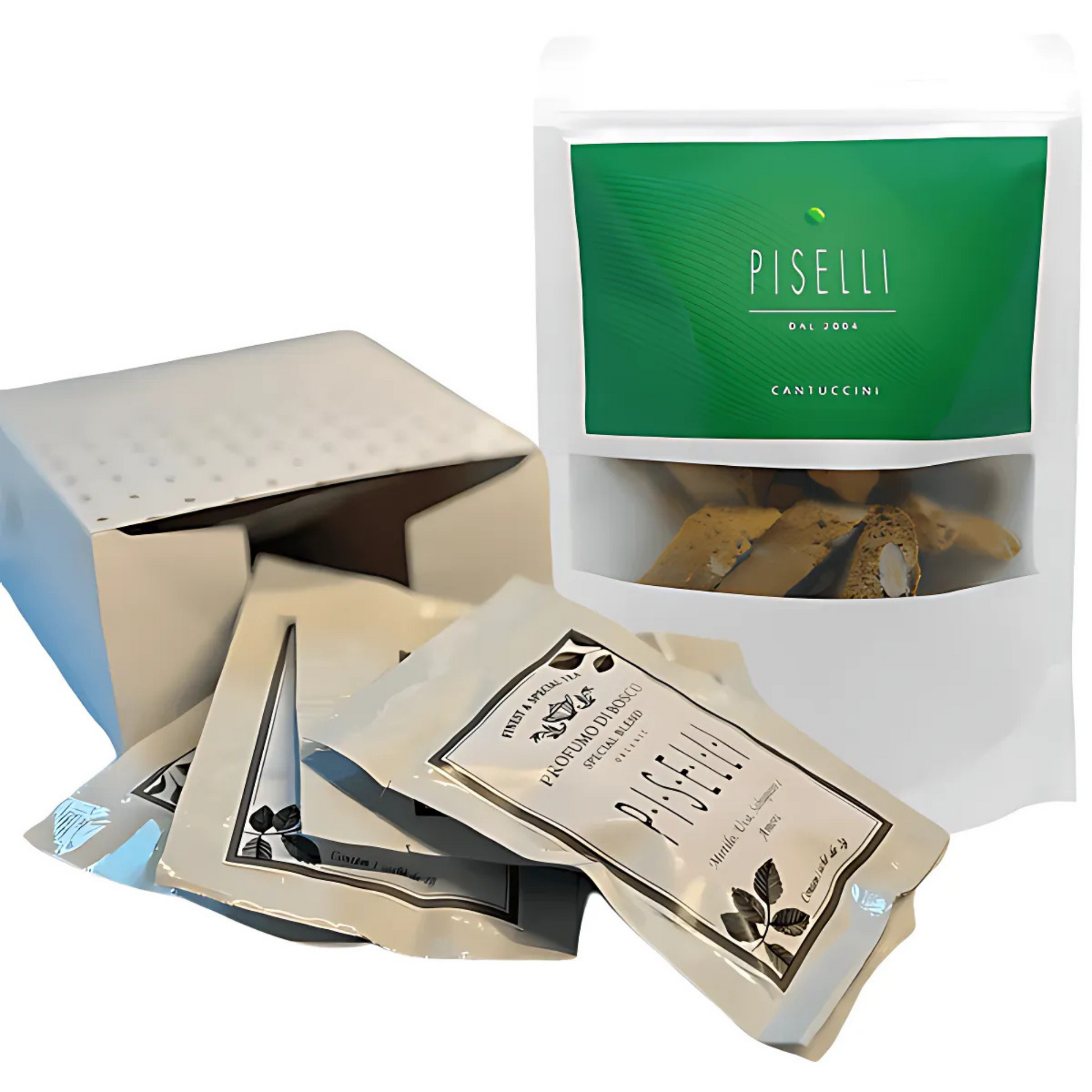 Foto do Kit Chás Piselli - 6 sachês + Cantuccini Piselli 200g, pronto para presente.