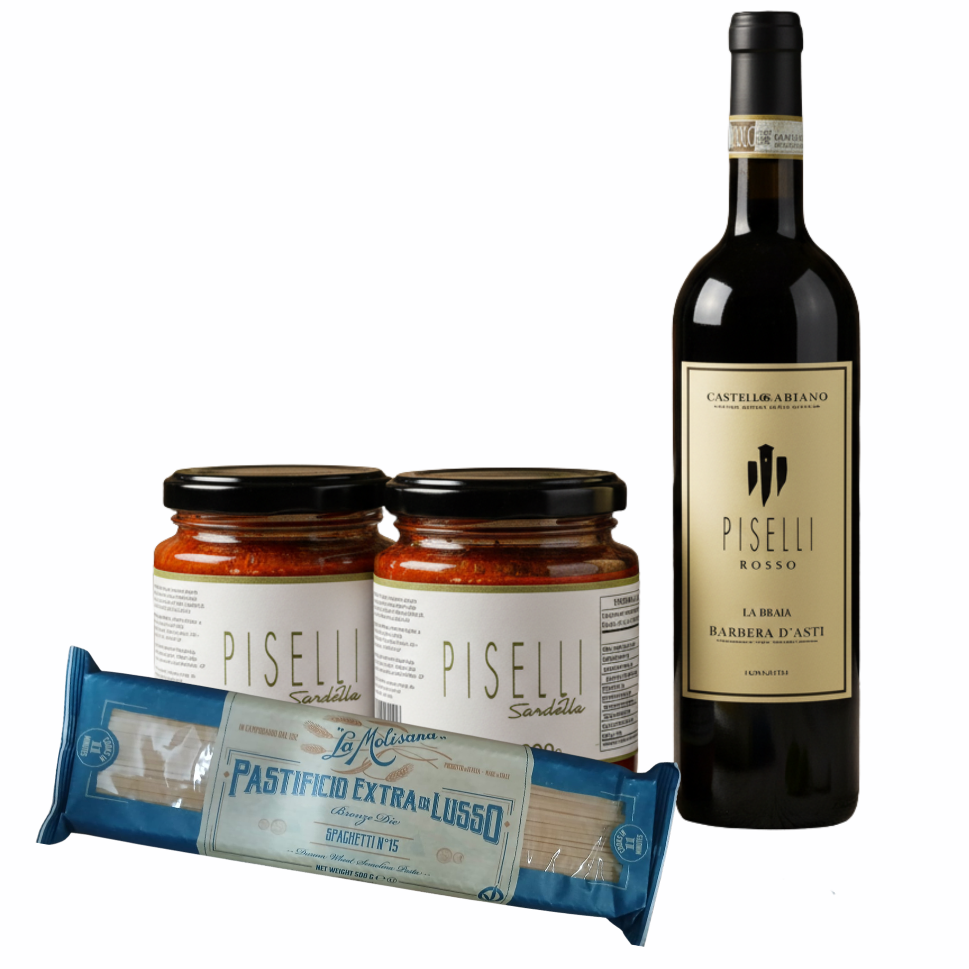 Foto do Kit Clássico Italiano, mostrando a garrafa de Vinho Piselli Rosso DOCG, o pacote de Spaghettino La Molisana e o pote de Sardela Piselli.
