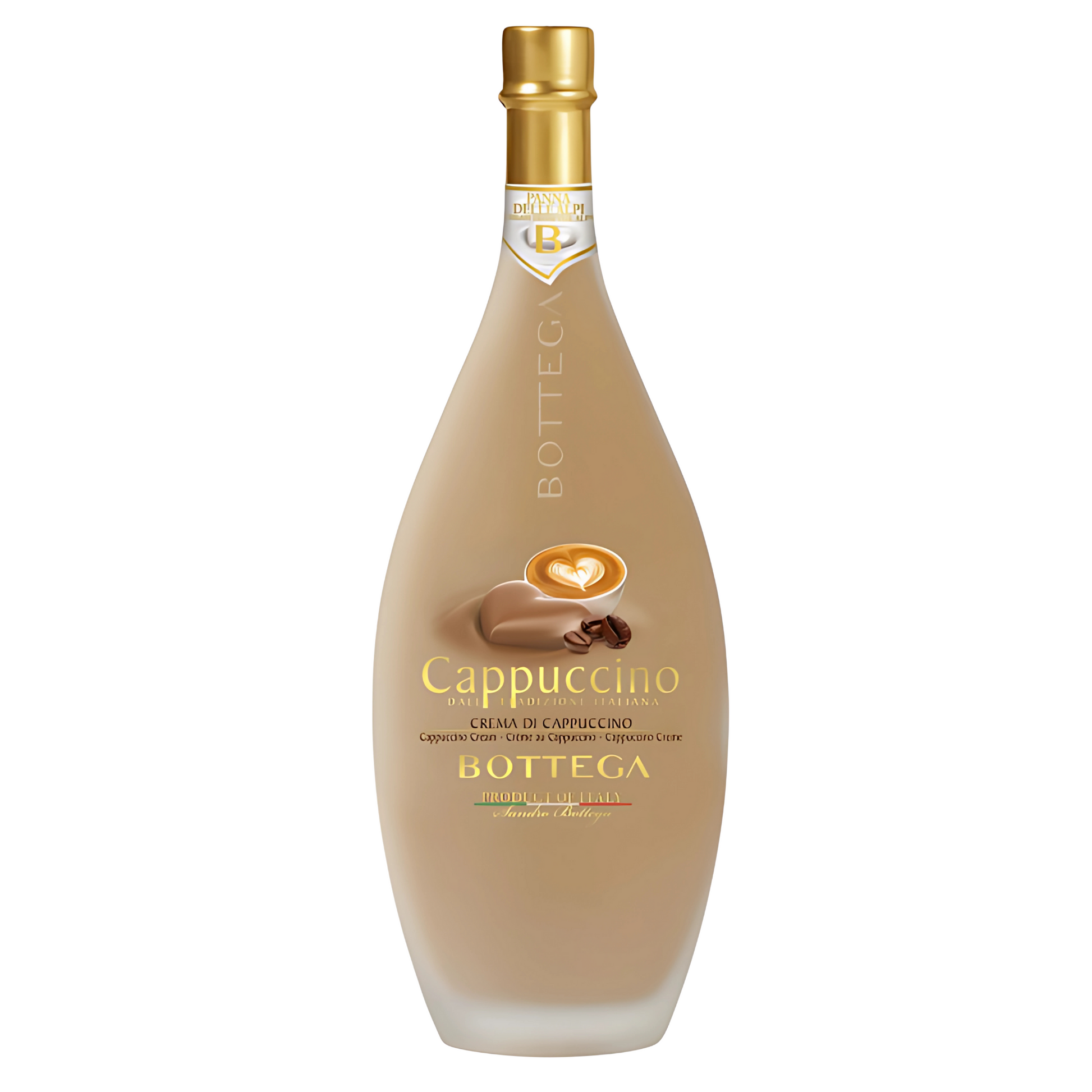 Garrafa do Licor Cremoso Cappuccino Bottega, 500ml, sabor Leite e Café.