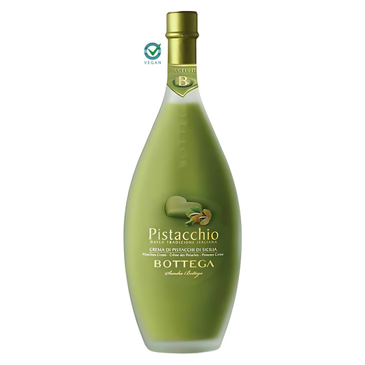 Garrafa do Licor Cremoso Pistacchio Bottega de Pistache, 500ml, com a cor verde clara.