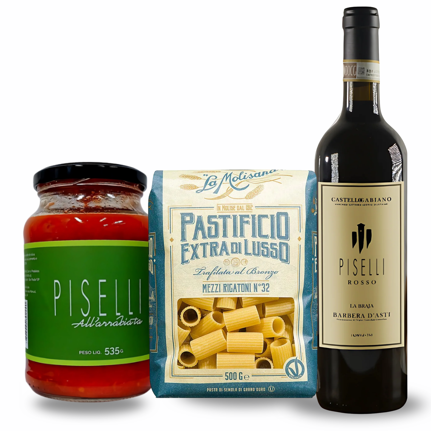 Foto do Kit Tradição e Sabor, mostrando a garrafa de Vinho Piselli Rosso DOCG, o pacote de Rigatoni La Molisana e o pote de Molho Arrabbiata Piselli.