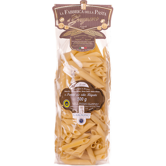 Embalagem do Macarrão Penne Rigate Nº 21, 500g da La Fabbrica Della Pasta Di Gragnano.