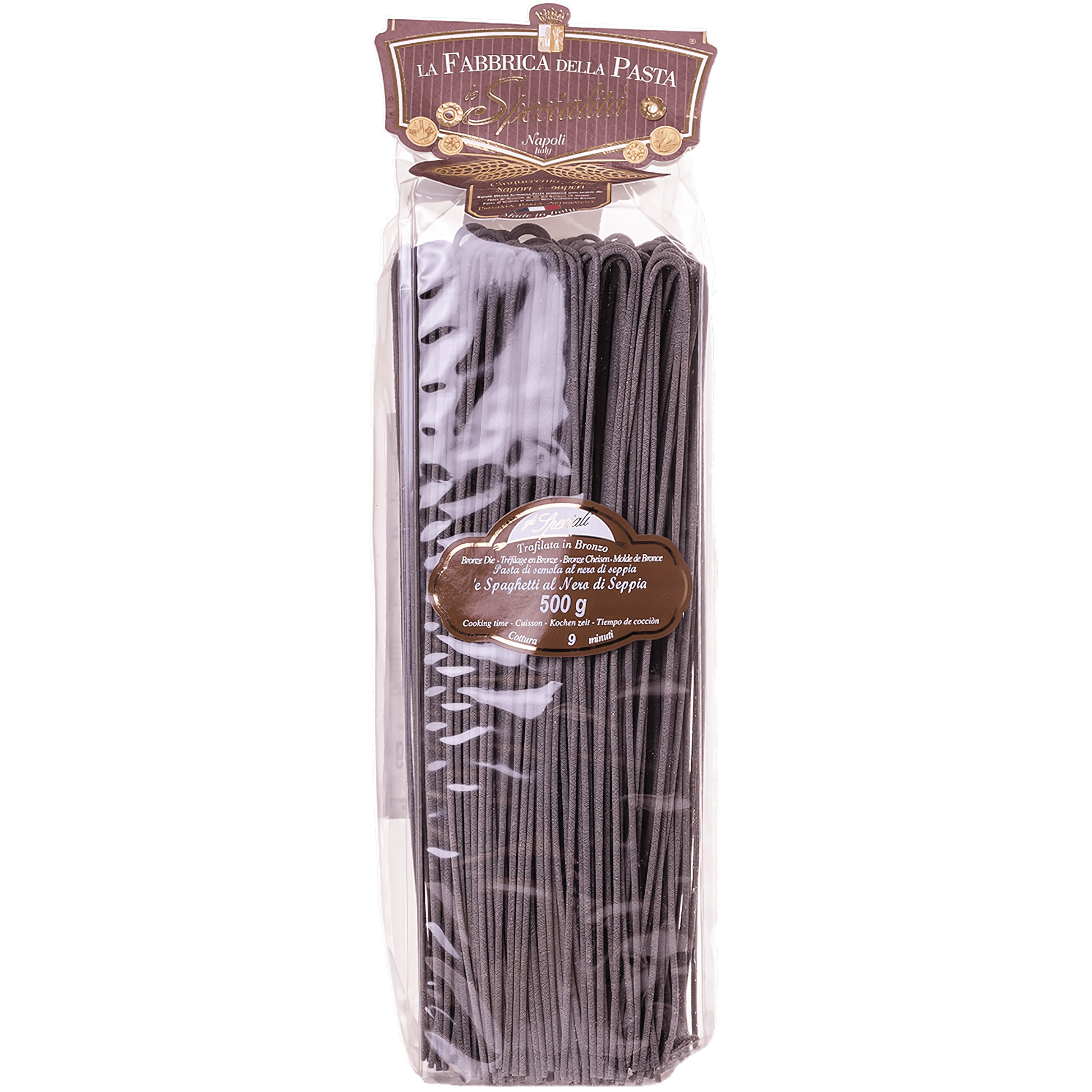 Embalagem do Macarrão Spaghetti Al Nero (Tinta de Lula) 500g da La Fabbrica Della Pasta Di Gragnano.
