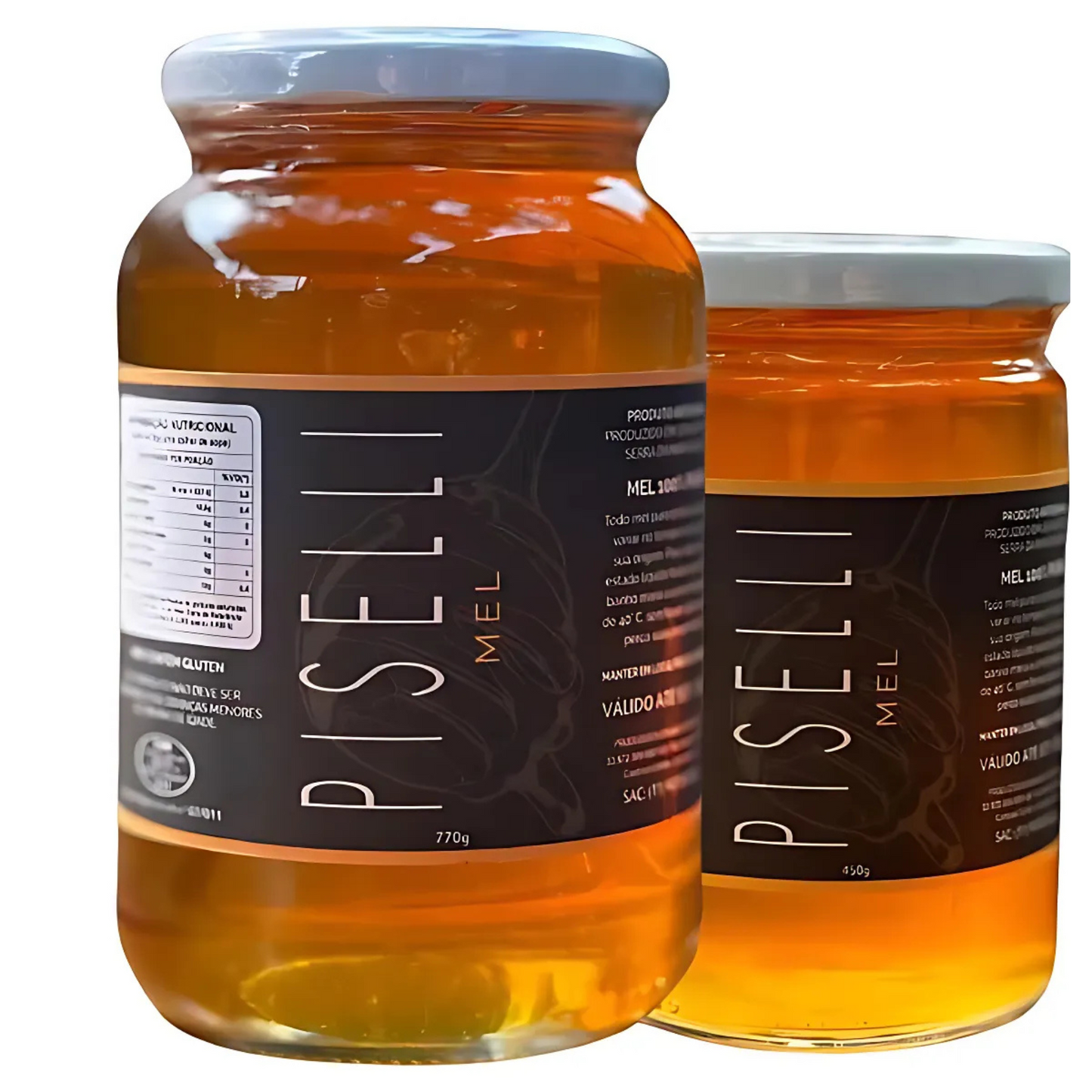 Foto do Kit Mel Piselli com dois potes (770g e 440g) de mel artesanal.