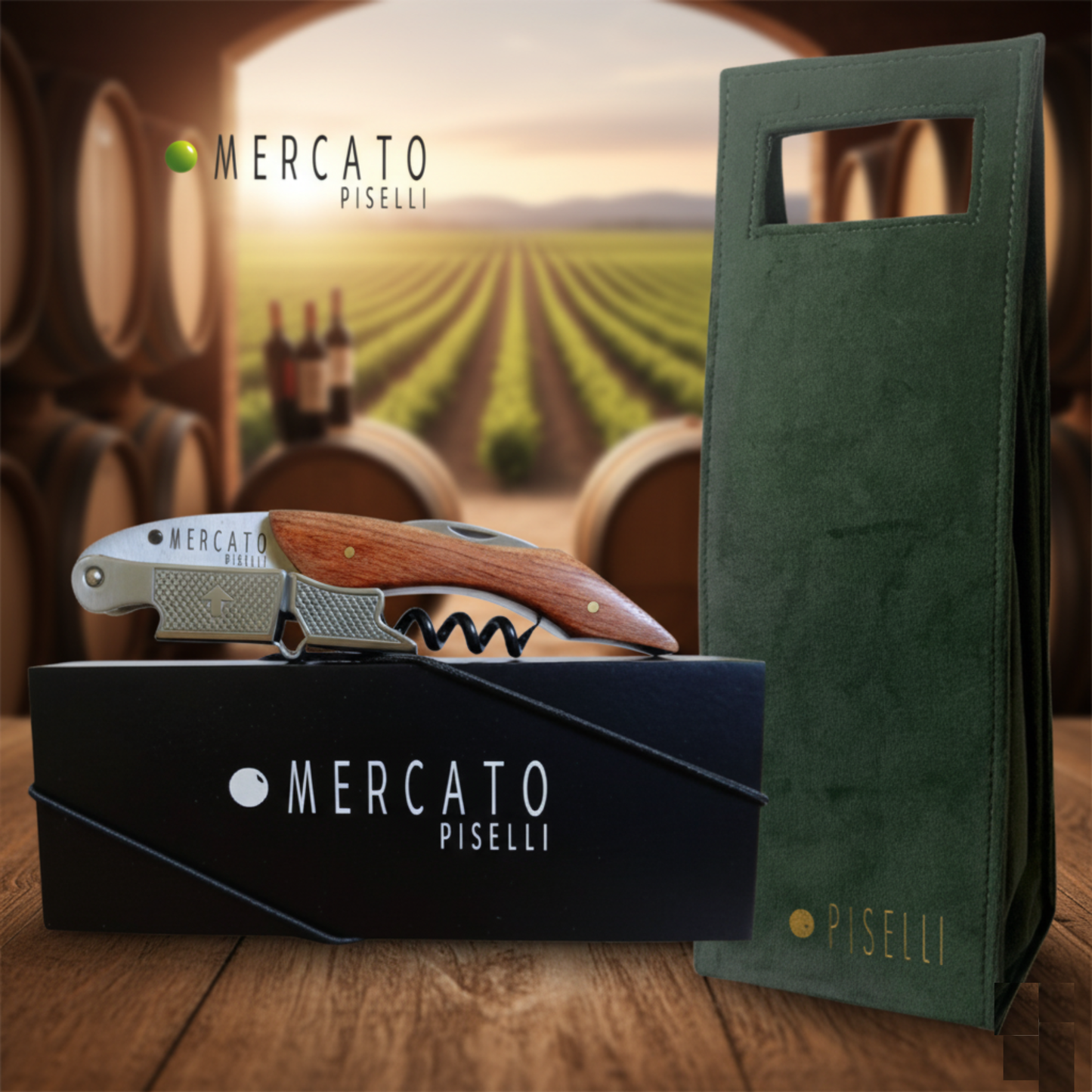 Kit para Vinho Piselli – Abridor de Vinho + Wine Bag em Veludo Verde - Exclusivo