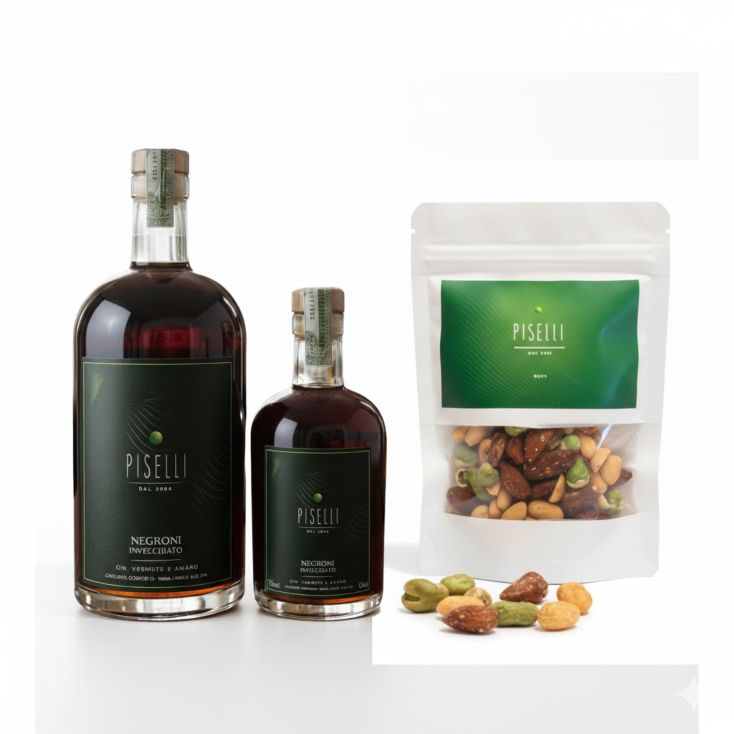 Kit Negroni Invecchiato Piselli: Negroni Invecchiato (750ml), Negroni Invecciato (350ml), Nuts e brinde Livro de Gastronomia Italiana