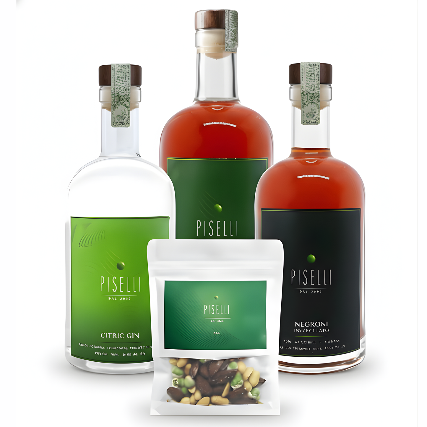 Kit Bebidas Piselli: Aperitivo Voglio, Gin Piselli, Negroni Invecchiato e Nuts Piselli