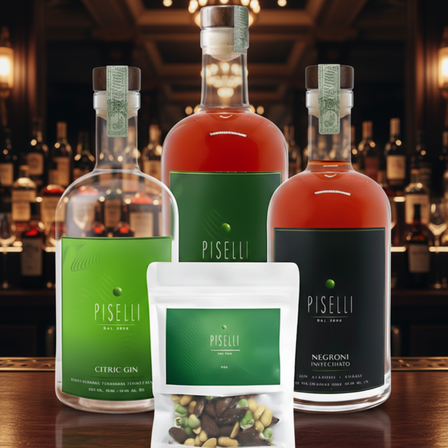 Kit Bebidas Piselli: Aperitivo Voglio, Gin Piselli, Negroni Invecchiato e Nuts Piselli