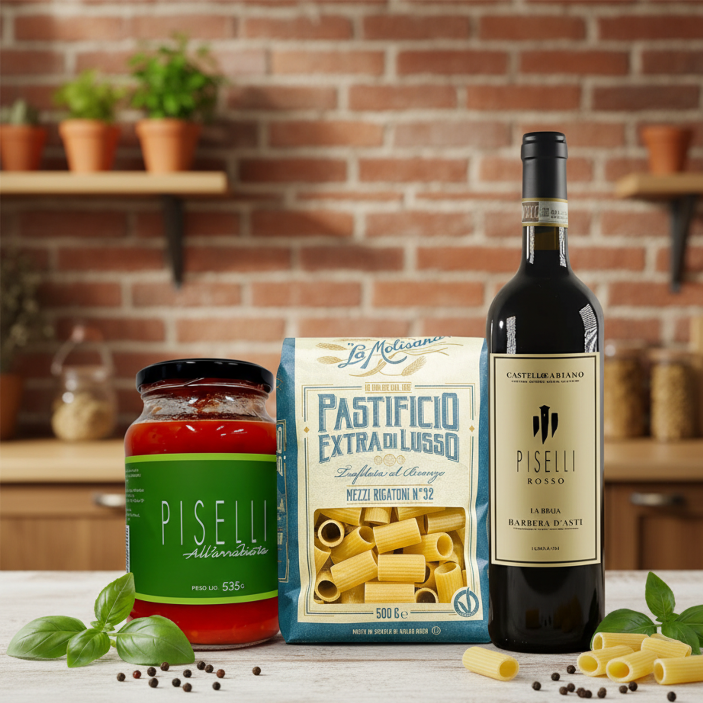 Tradição e Sabor - Vinho Tinto Piselli Rosso DOCG - Rigatoni La Molisana e Molho Arrabbiata Piselli.