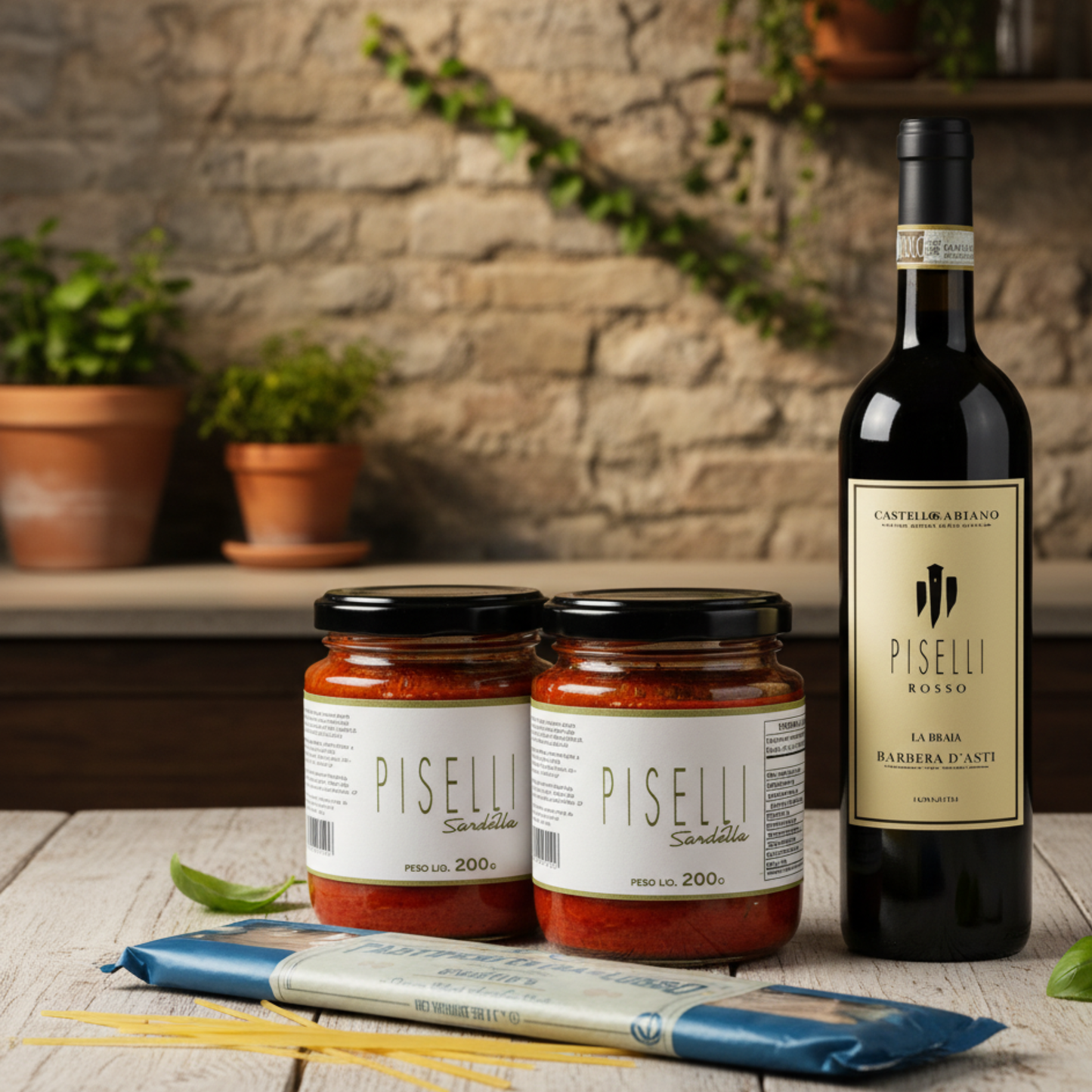 Kit Clássico Italiano - Vinho Piselli Rosso DOCG - Spaghettino La Molisana  e o Toque Inesquecível da Sardela Piselli.