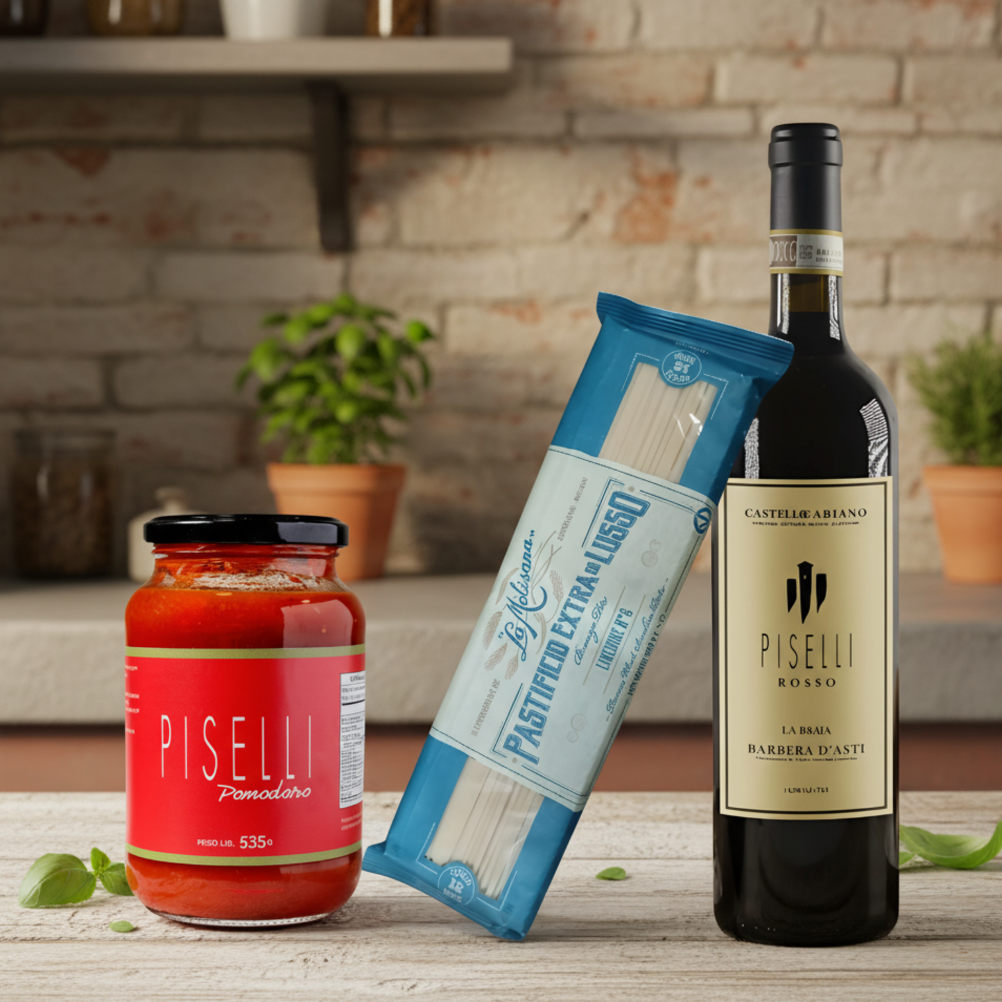 Excelência à Mesa - Kit Vinho Piselli Rosso DOCG. Linguine La Molisana Extra Di Lusso e Molho Piselli Artesanal.