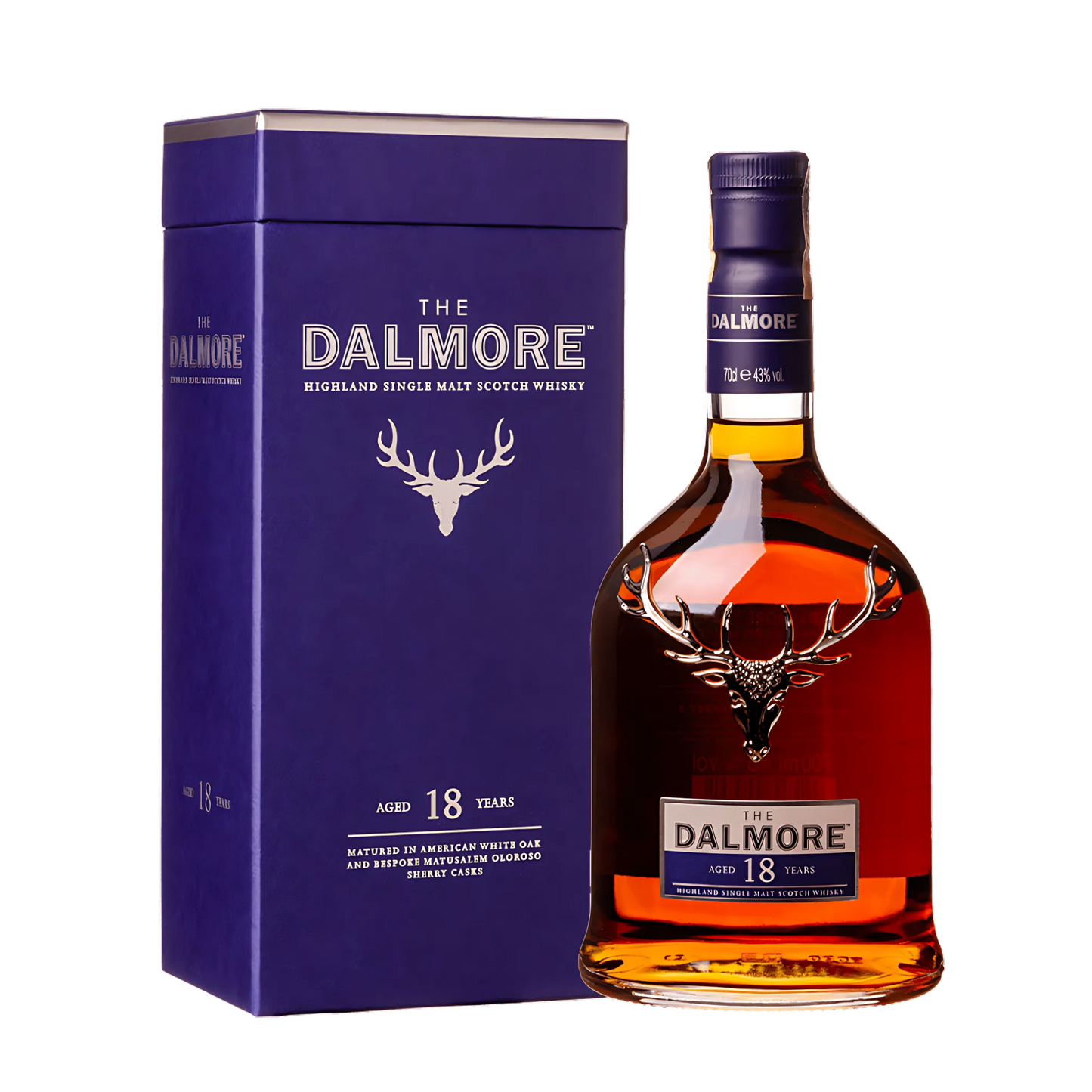 Garrafa do Whisky Dalmore 18 Anos Single Malt 700ml, destacando o cervo prateado no rótulo.