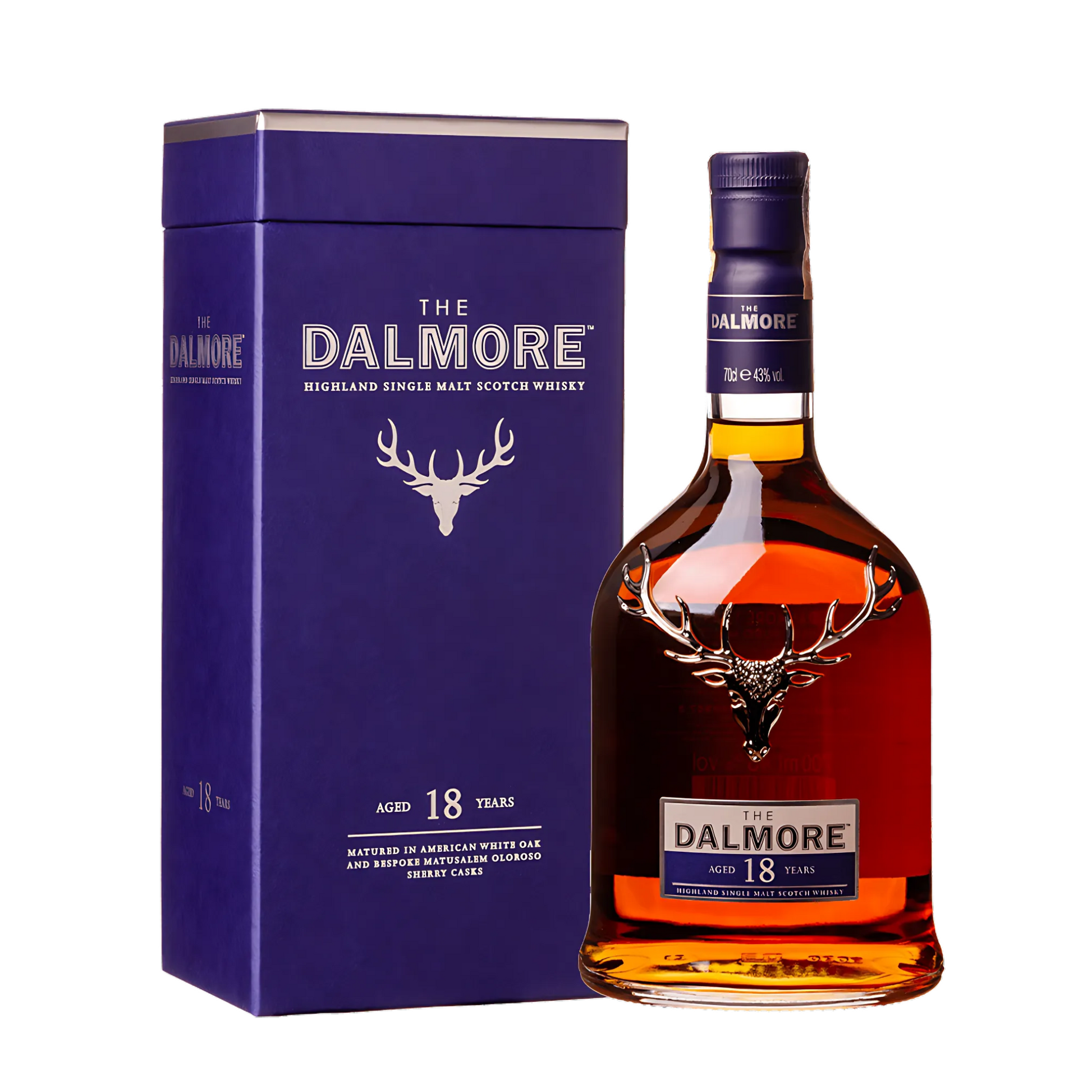 Garrafa do Whisky Dalmore 18 Anos Single Malt 700ml, destacando o cervo prateado no rótulo.