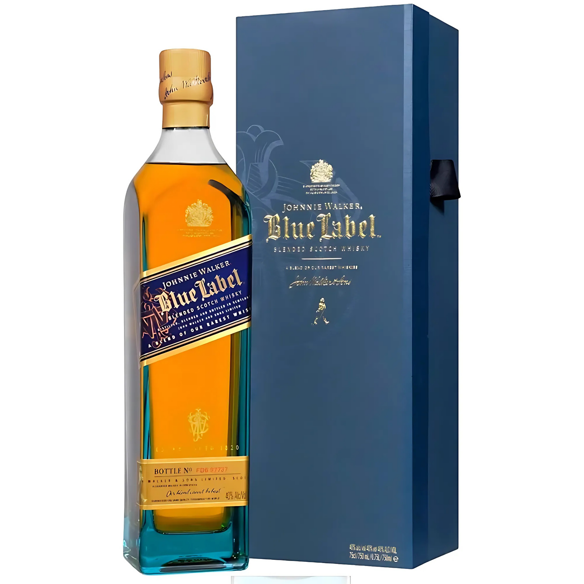 Garrafa do Whisky Johnnie Walker Blue Label 750ml, com caixa de presente e selo azul.