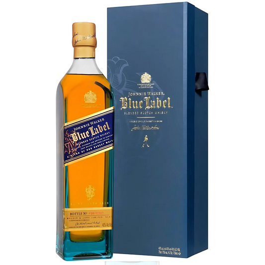 Garrafa do Whisky Johnnie Walker Blue Label 750ml, com caixa de presente e selo azul.